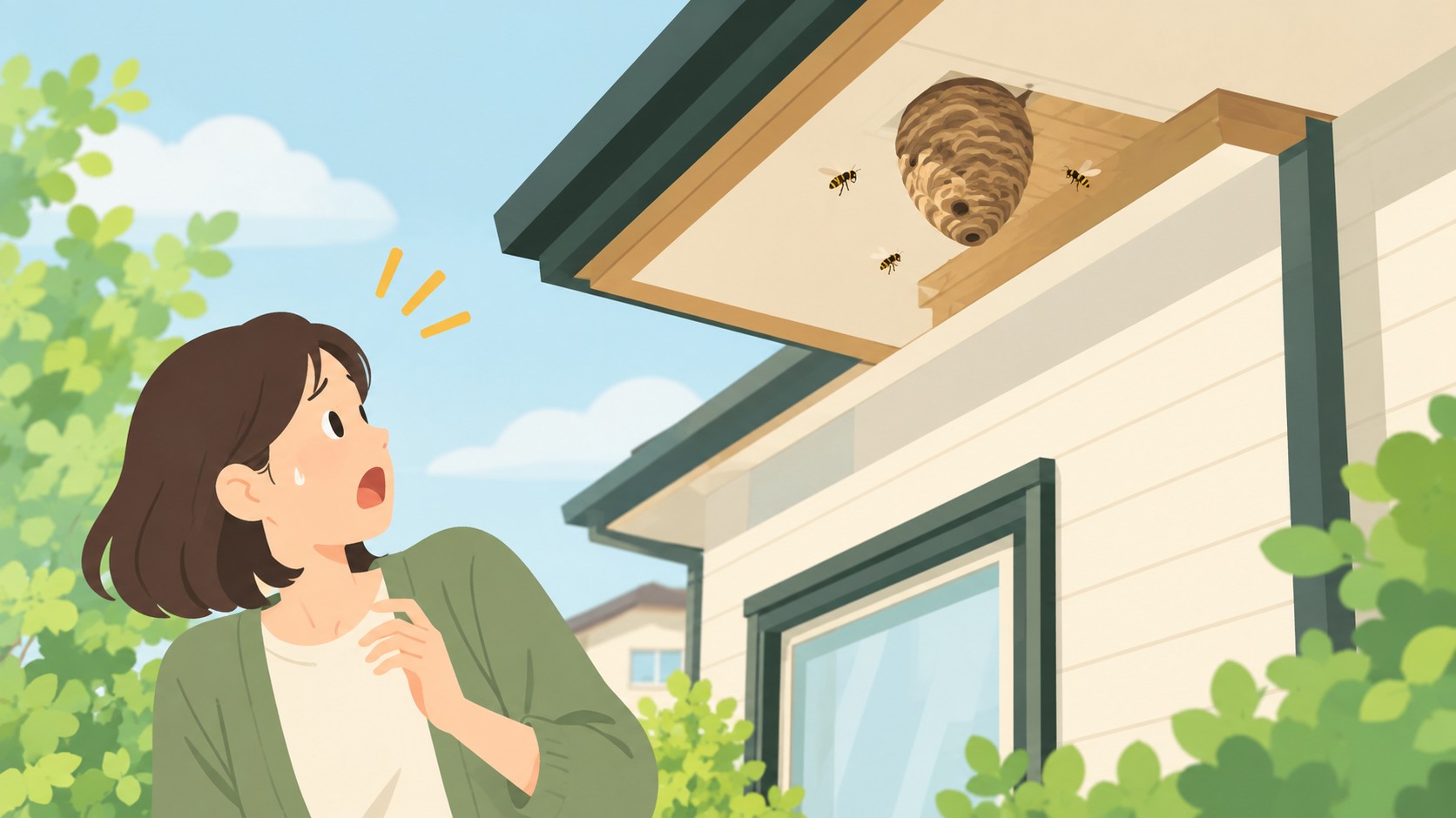 軒下にできた蜂の巣を見上げ、驚いた表情で身を引いている住人と戸建ての外観のイラスト
