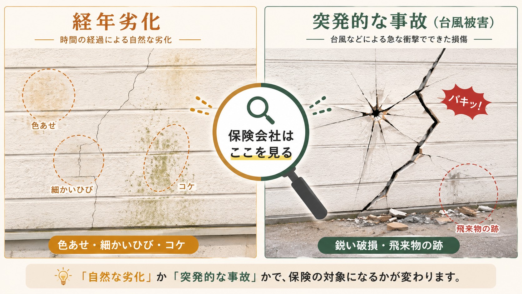 経年劣化と台風被害による損傷の違いを比較するイラスト