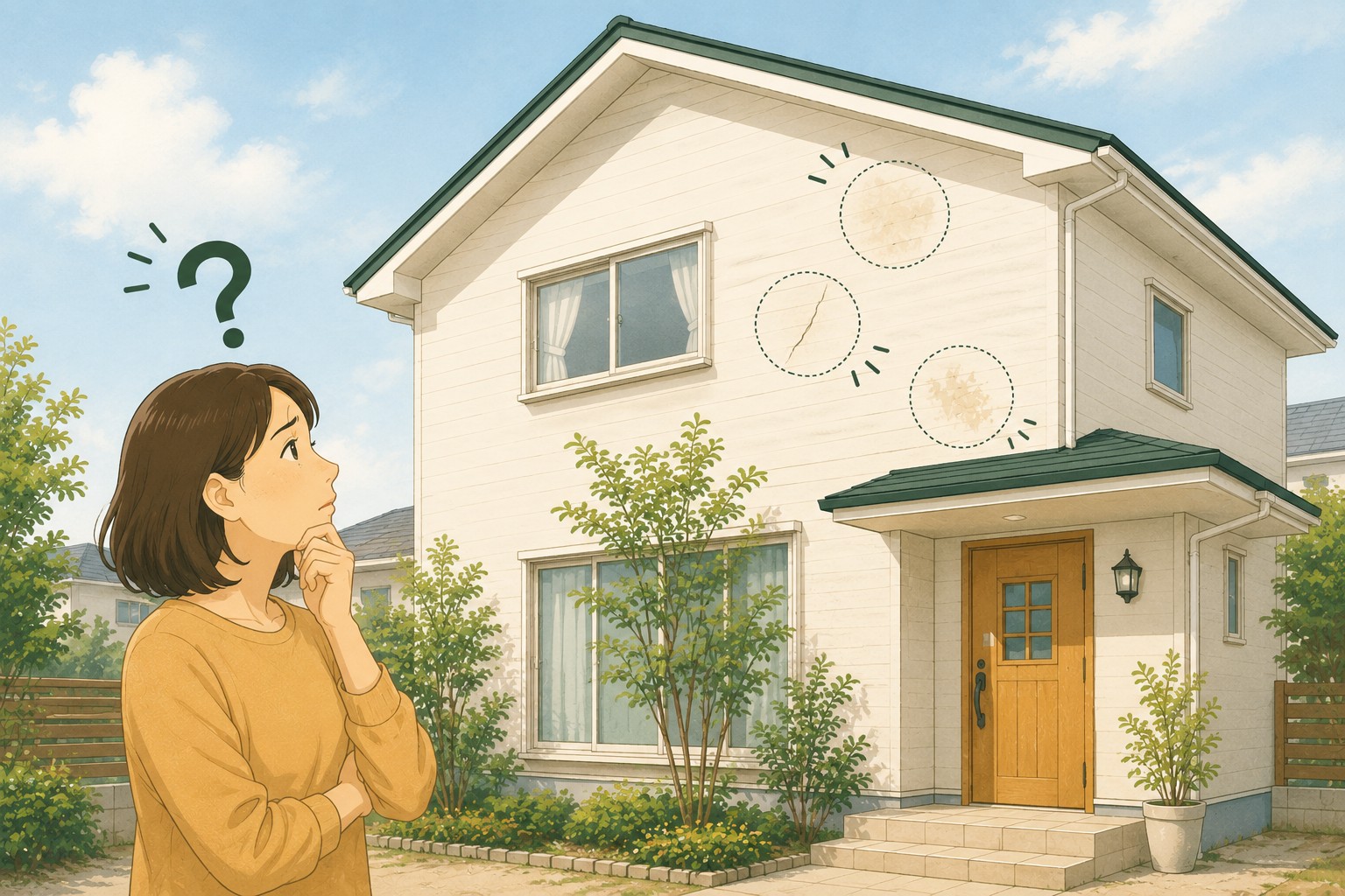 台風後、外壁を見上げて困った表情の住人のイラスト