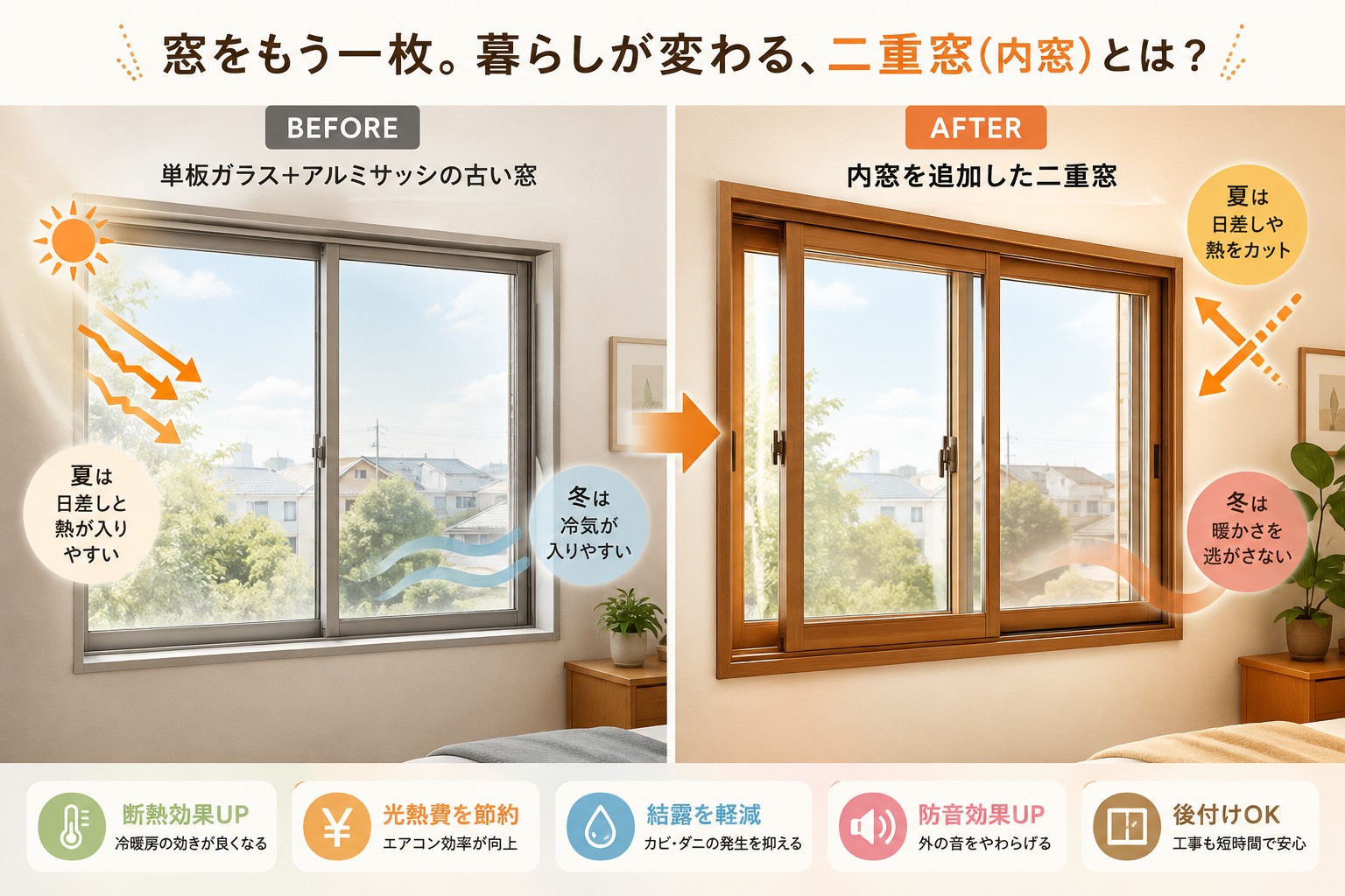 既存窓の内側に内窓を設置した二重窓のビフォーアフターイメージ