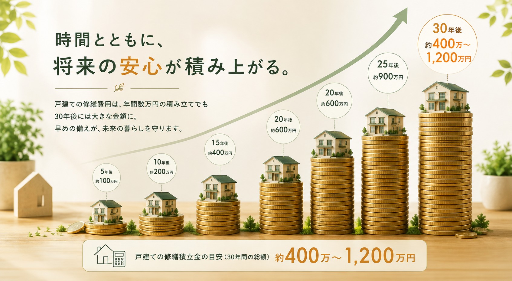 30年で数百万〜1,000万円超の修繕費用が積み上がるイメージ
