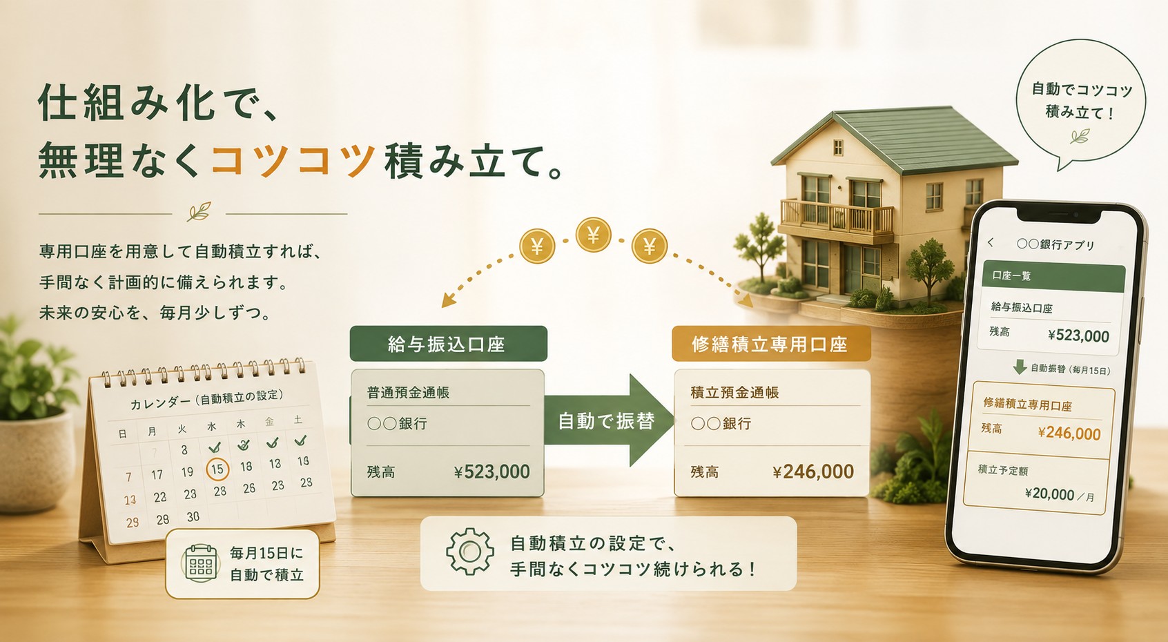 給与振込から自動で積立口座にお金が流れていくイメージ