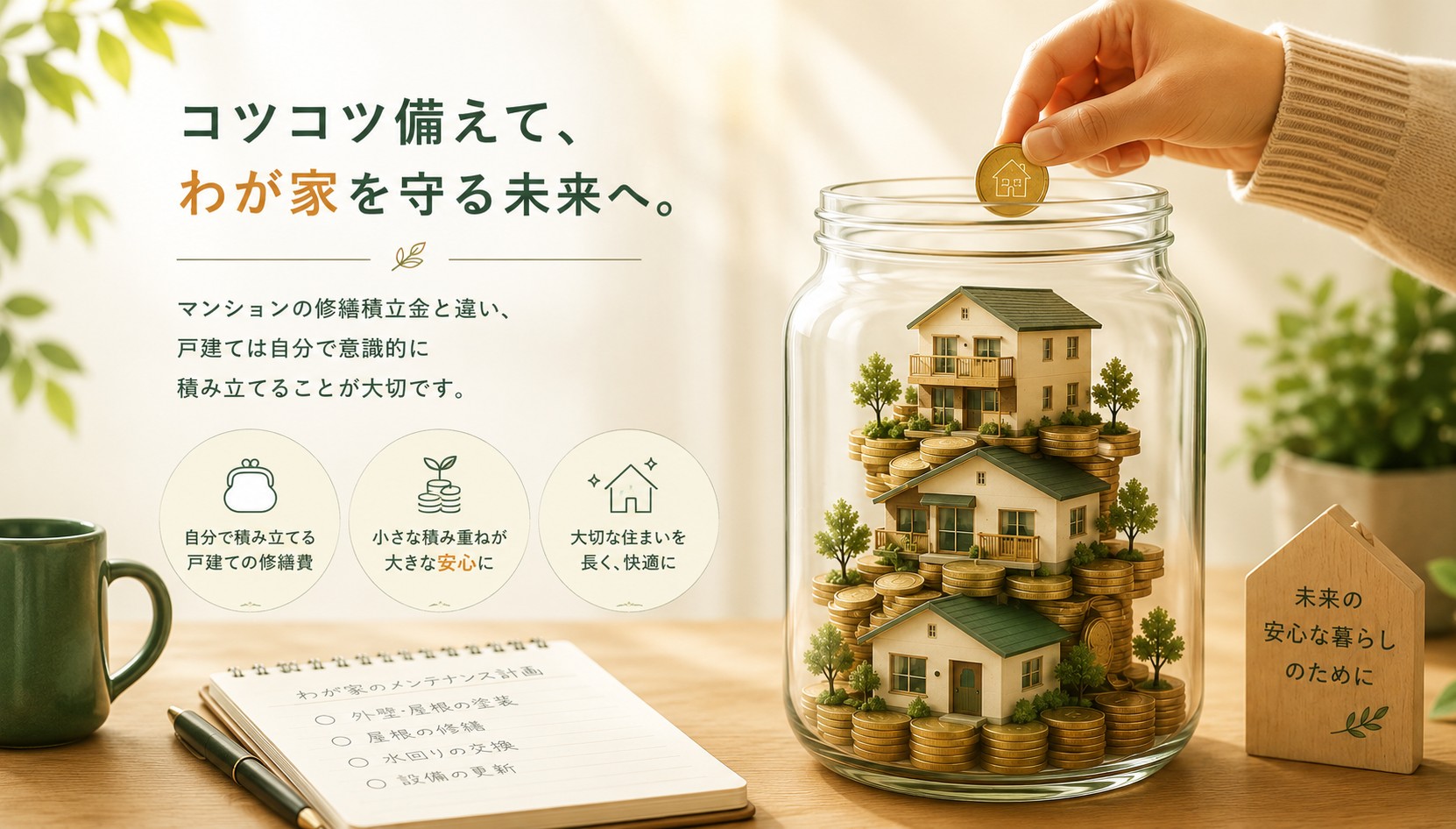 貯金箱に戸建てのミニチュアが積み重なっていくイメージ