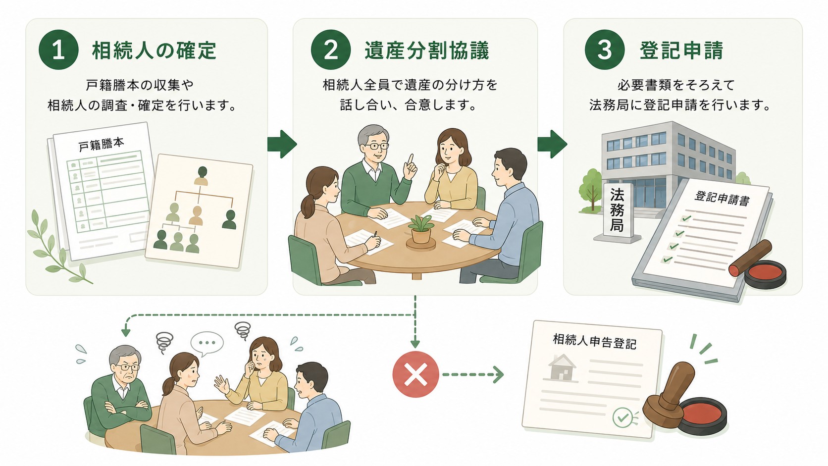 相続人の確定→遺産分割協議→登記申請の3ステップフローチャート